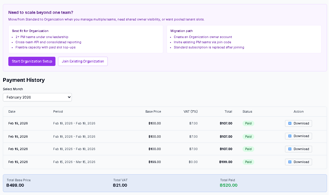 Billing: Scale และ Payment History