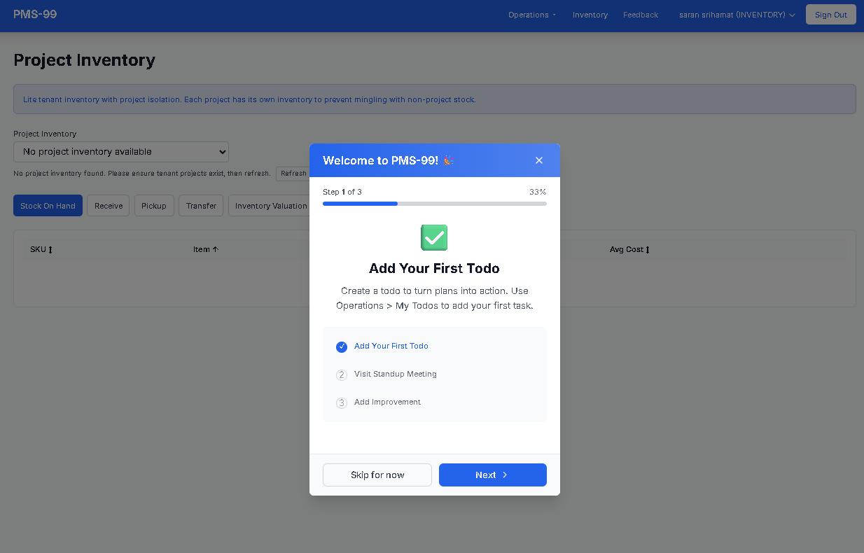 Onboard Process: INVENTORY