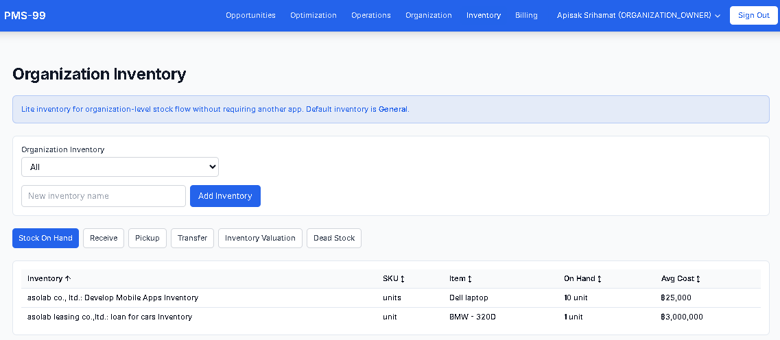 รายงาน Organization Inventory Valuation
